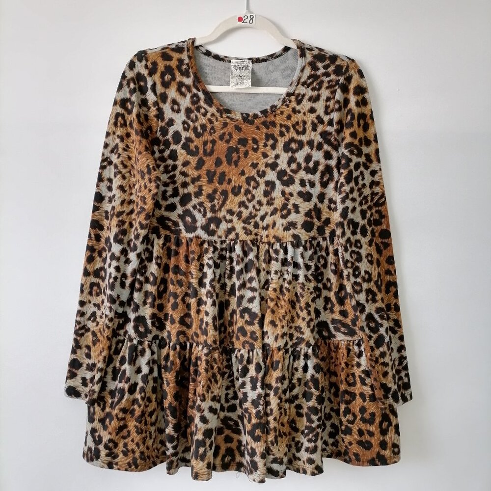 Vocal Womens Brown Round Neck Long Sleeve Leopard Print Tiered Mini Dress Size S